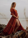 Plataz Off Shoulder Buttons Front Slit Open Train Elegant Photoshoot Maternity Maxi Dress Maternity