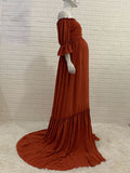 Plataz Off Shoulder Buttons Front Slit Open Train Elegant Photoshoot Maternity Maxi Dress Maternity