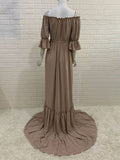 Plataz Off Shoulder Buttons Front Slit Open Train Elegant Photoshoot Maternity Maxi Dress Maternity