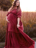 Plataz Off Shoulder Buttons Front Slit Open Train Elegant Photoshoot Maternity Maxi Dress Maternity