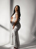 Plataz White Lace Cut Out Backless Mermaid Sheer Elegant Photoshoot Maternity Maxi Dress Maternity
