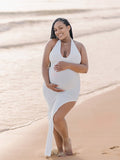 Plataz White Side Slit Halter Neck Backless Deep V-neck Bodycon Elegant Cocktail Party Gown Maternity Photoshoot Baby Shower Maxi Dress Maternity