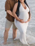 Plataz White Side Slit Halter Neck Backless Deep V-neck Bodycon Elegant Cocktail Party Gown Maternity Photoshoot Baby Shower Maxi Dress Maternity