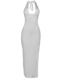 Plataz White Side Slit Halter Neck Backless Deep V-neck Bodycon Elegant Cocktail Party Gown Maternity Photoshoot Baby Shower Maxi Dress Maternity