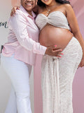 Plataz White Cross Chest Bandeau Backless Lace Crop Front Draped 2-in-1 Lace-up Bodycon Baby Shower Maternity Maxi Dress Maternity