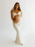 Plataz White Spaghetti Strap Backless Ruffle Crop Bodycon Cocktail Party Gown Photoshoot Maternity Maxi Dress Maternity