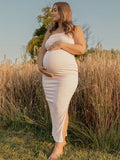 Plataz Solid Color Knitted Bandeau Side Slit Strapless Bodycon Elegant Daily Going Out Maternity Photoshoot Baby Shower Maxi Dress Maternity