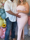 Plataz Solid Color Knitted Bandeau Side Slit Strapless Bodycon Elegant Daily Going Out Maternity Photoshoot Baby Shower Maxi Dress Maternity