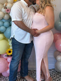 Plataz Solid Color Knitted Bandeau Side Slit Strapless Bodycon Elegant Daily Going Out Maternity Photoshoot Baby Shower Maxi Dress Maternity