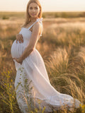 Plataz White Smocked Knotted Adjustable Strap Ruffle Falbala Babydoll Shirred Big Swing Elegant Baby Moon Going Out Boho Maternity Photoshoot Baby Shower Maxi Dress Maternity