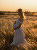 Plataz White Smocked Knotted Adjustable Strap Ruffle Falbala Babydoll Shirred Big Swing Elegant Baby Moon Going Out Boho Maternity Photoshoot Baby Shower Maxi Dress Maternity
