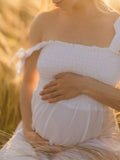 Plataz White Smocked Knotted Adjustable Strap Ruffle Falbala Babydoll Shirred Big Swing Elegant Baby Moon Going Out Boho Maternity Photoshoot Baby Shower Maxi Dress Maternity