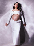 Plataz White 3D Flowers Cut Out Bodycon Elegant Photoshoot Baby Shower Maternity Maxi Dress Maternity