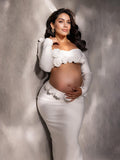 Plataz White 3D Flowers Cut Out Bodycon Elegant Photoshoot Baby Shower Maternity Maxi Dress Maternity