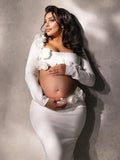 Plataz White 3D Flowers Cut Out Bodycon Elegant Photoshoot Baby Shower Maternity Maxi Dress Maternity