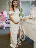 Plataz White Off Shoulder Ruched Ruffle Falbala Side Slit Bodycon Elegant Cocktail Evening Gown Gown Maternity Photoshoot Baby Shower Maxi Dress Maternity