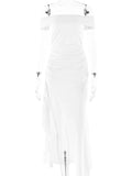Plataz White Off Shoulder Ruched Ruffle Falbala Side Slit Bodycon Elegant Cocktail Evening Gown Gown Maternity Photoshoot Baby Shower Maxi Dress Maternity