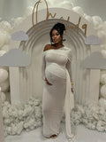 Plataz White Mesh Irregular Ruched Draped Off Shoulder Bodycon Elegant Cocktail Party Gown Maternity Photoshoot Baby Shower Maxi Dress Maternity