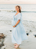 Plataz Bow Flutter Sleeve Solid V-neck Flowy Beach Cute Photoshoot Baby Shower Maternity Maxi Dress Maternity