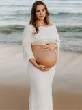 Plataz White Off Shoulder Backless Crop Knitwear 2-in-1 Bodycon Mermaid Going Out Photoshoot Maternity Maxi Dress Maternity
