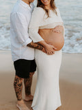 Plataz White Off Shoulder Backless Crop Knitwear 2-in-1 Bodycon Mermaid Going Out Photoshoot Maternity Maxi Dress Maternity