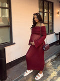 Plataz Burgundy Knitted Off Shoulder Flare Sleeve Bodycon Elegant Baby Moon Beach Cover Up Maternity Photoshoot Baby Shower Maxi Dress Maternity