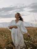 Plataz White Front Tie Up Deep V-neck Lantern Sleeve Loose Sundress Elegant Vacation Baby Moon Flowy Boho Maternity Photoshoot Baby Shower Maxi Dress Maternity