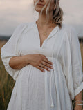Plataz White Front Tie Up Deep V-neck Lantern Sleeve Loose Sundress Elegant Vacation Baby Moon Flowy Boho Maternity Photoshoot Baby Shower Maxi Dress Maternity