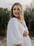Plataz White Front Tie Up Deep V-neck Lantern Sleeve Loose Sundress Elegant Vacation Baby Moon Flowy Boho Maternity Photoshoot Baby Shower Maxi Dress Maternity