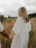 Plataz White Front Tie Up Deep V-neck Lantern Sleeve Loose Sundress Elegant Vacation Baby Moon Flowy Boho Maternity Photoshoot Baby Shower Maxi Dress Maternity