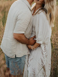Plataz White Front Tie Up Deep V-neck Lantern Sleeve Loose Sundress Elegant Vacation Baby Moon Flowy Boho Maternity Photoshoot Baby Shower Maxi Dress Maternity