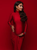 Plataz Solid Color Belt Splicing Ruched Draped Bodycon Mermaid Long Sleeve Going Out Photoshoot Maternity Maxi Dress Maternity