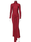 Plataz Solid Color Belt Splicing Ruched Draped Bodycon Mermaid Long Sleeve Going Out Photoshoot Maternity Maxi Dress Maternity