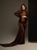 Plataz Solid Color Belt Splicing Ruched Draped Bodycon Mermaid Long Sleeve Going Out Photoshoot Maternity Maxi Dress Maternity