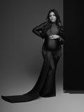 Plataz Solid Color Belt Splicing Ruched Draped Bodycon Mermaid Long Sleeve Going Out Photoshoot Maternity Maxi Dress Maternity