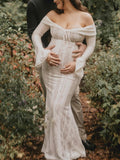 Plataz White Off Shoulder Lace Bandeau Tie Front Mermaid Bandage Going Out Photoshoot Maternity Maxi Dress Maternity