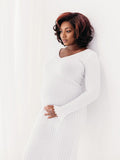 Plataz Knit Pleated Big Swing V-neck Plus Size Sweater Elegant Going Out Maternity Photoshoot Baby Shower Maxi Dress Maternity