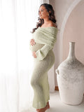 Plataz Green Knit Off Shoulder Flare Sleeve Bodycon Elegant Going Out Maternity Photoshoot Maxi Sweater Dress Maternity
