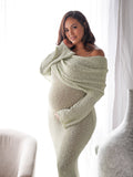 Plataz Green Knit Off Shoulder Flare Sleeve Bodycon Elegant Going Out Maternity Photoshoot Maxi Sweater Dress Maternity