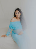 Plataz Off Shoulder Mesh Splicing Cascading Ruffle Bodycon Going Out Gowns Photoshoot Maternity Maxi Dress Maternity