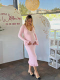 Plataz Pink Knit Falbala Ruffle Hem Single Breasted Flare Sleeve Bodycon Elegant Hoing Out Maternity Babyshower Maxi Sweater Dress Maternity