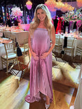 Plataz Pink Gradient Color Bandeau Pleated Big Swing Strapless Elegant Cocktail Party Maternity Photoshoot Baby Shower Maxi Dress Maternity