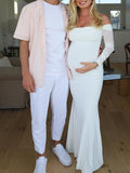 Plataz White Off Shoulder Halter Neck Bodycon Elegant Cocktail Maternity Baby Shower Maxi Dress Maternity