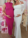 Plataz White Off Shoulder Halter Neck Bodycon Elegant Cocktail Maternity Baby Shower Maxi Dress Maternity