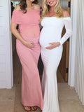 Plataz White Off Shoulder Halter Neck Bodycon Elegant Cocktail Maternity Baby Shower Maxi Dress Maternity