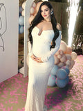 Plataz Cream White Off Shoulder Textured U-Wire Bodycon Elegant Maternity Baby Shower Maxi Dress Maternity