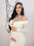 Plataz Cream White Off Shoulder Textured U-Wire Bodycon Elegant Maternity Baby Shower Maxi Dress Maternity