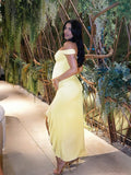 Plataz Off Shoulder Ruched Ruffle Falbala Side Slit Elegant Cocktail Gown Maternity Baby Shower Maxi Dress Maternity