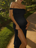 Plataz Off Shoulder Ruched Ruffle Falbala Side Slit Elegant Cocktail Gown Maternity Baby Shower Maxi Dress Maternity