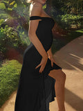 Plataz Off Shoulder Ruched Ruffle Falbala Side Slit Elegant Cocktail Gown Maternity Baby Shower Maxi Dress Maternity
